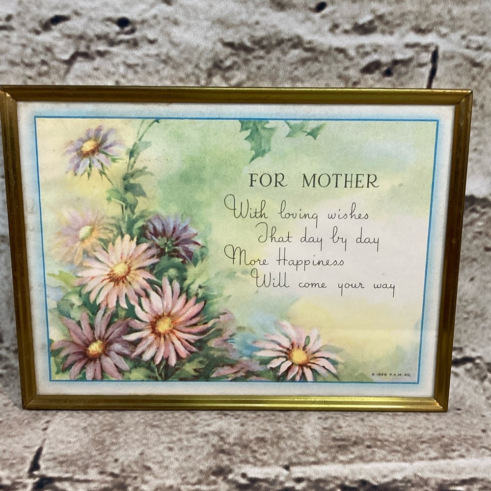 VTG- 1939 Framed Litho Print "FOR MOTHER" Flowers and Poetry! PAM Co